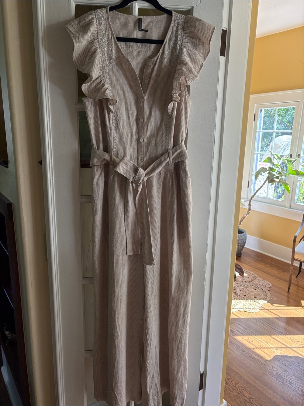 Anthropologie Neutral Ruffle-Sleeve Button Front Jumpsuit with Waist Tie